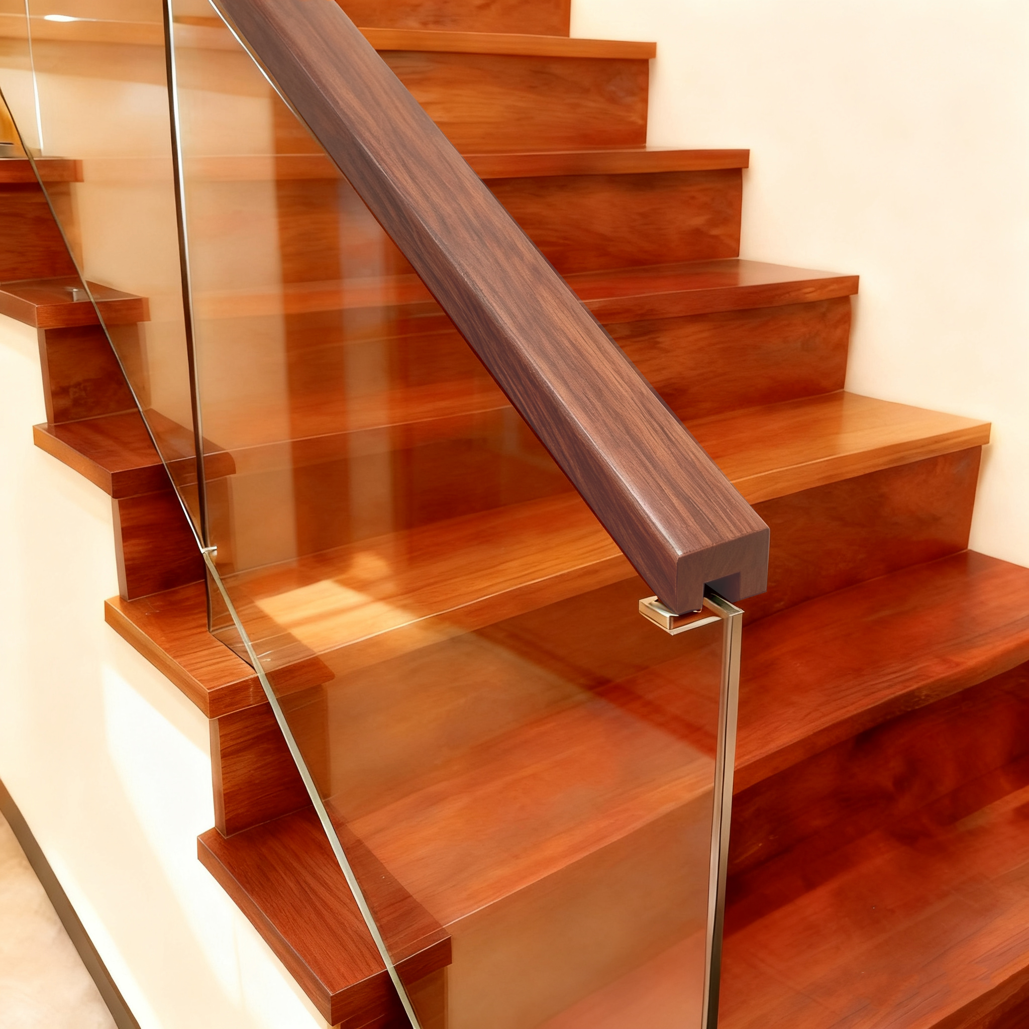 Tay vịn cầu thang bằng gỗ nguyên khối (Bọc PVC) - Gỗ óc chó tối màu 1 3/7' x 1 3/7'